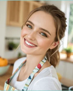 Smiling woman in apron in modern kitchen