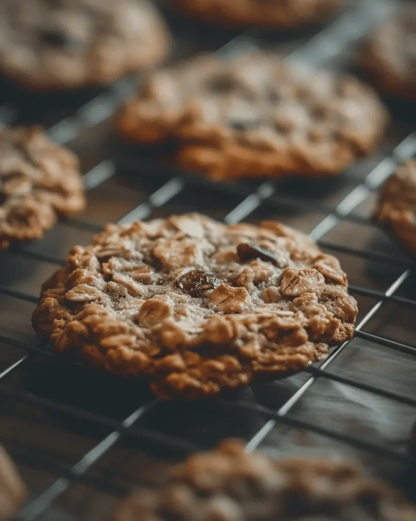 Dairy-free oatmeal cookie with raisins cooling on a wire rack