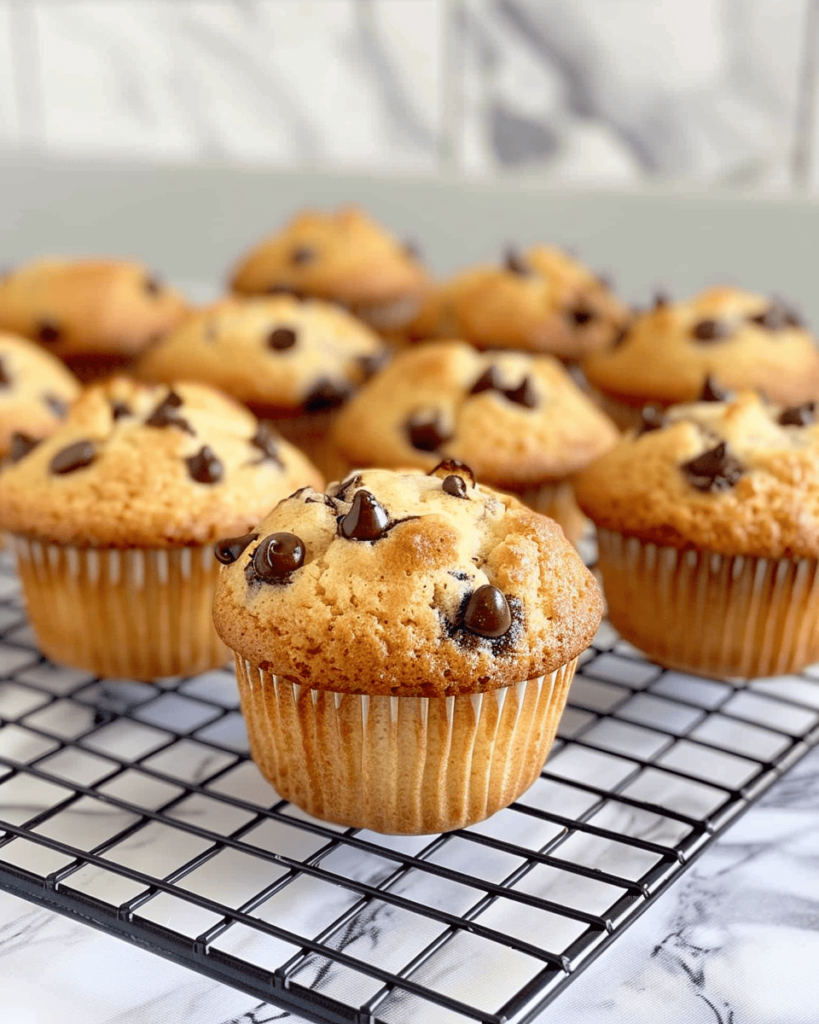 Gluten-free chocolate chip muffins cooling on a black wire rack