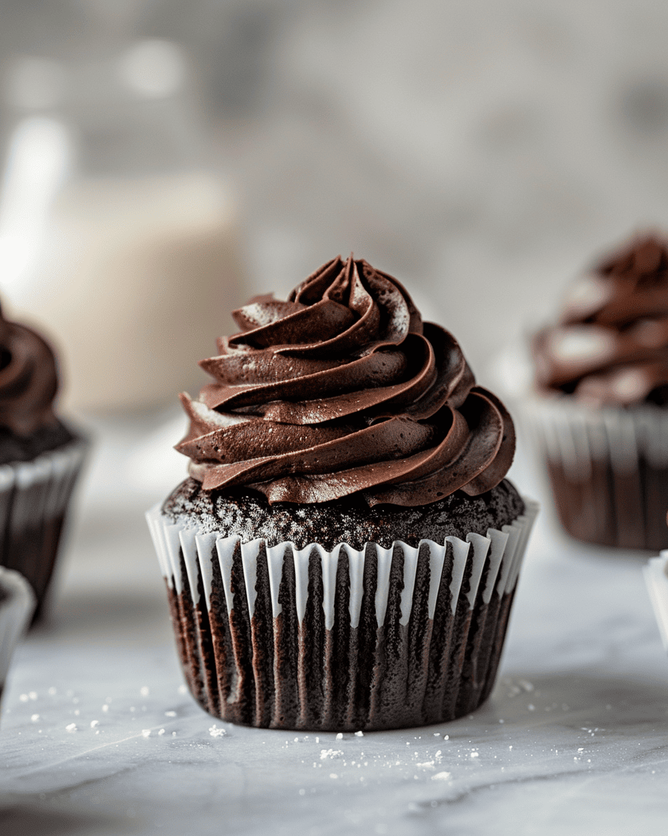Gluten-free chocolate cupcake with rich chocolate frosting in a white paper liner